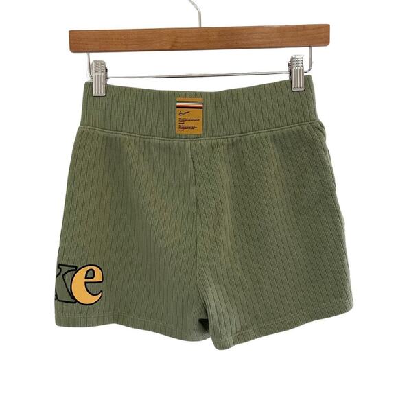 Nike Ribbed Hi Rise Logo Running Shorts Olive Green Size Small 0633W - Picture 2 of 10
